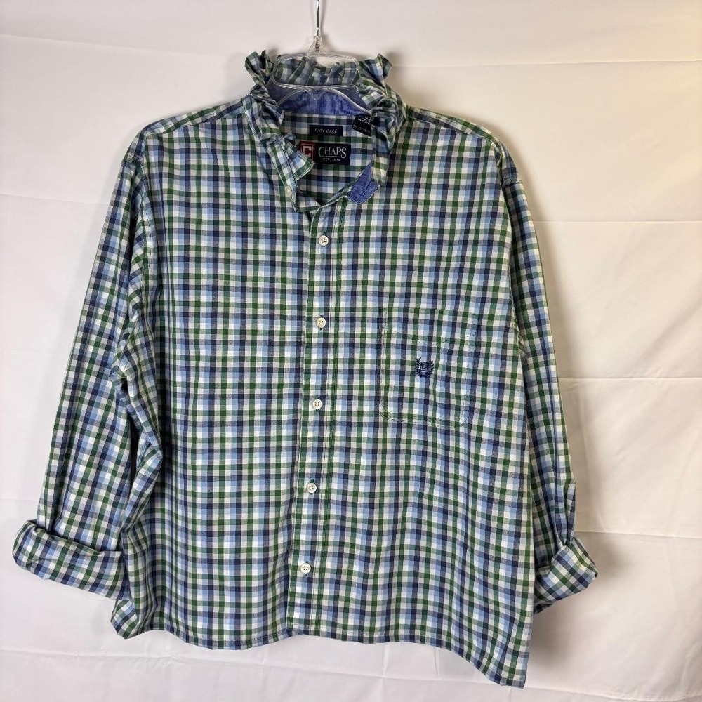 Chaps Upcycled Mens Plaid Shirt Womens XL Ruffle Neck Green Blue Crop Top Preppy